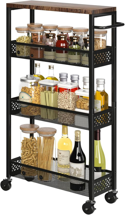 XYZLVSI Slim Storage Cart 4 Tier Narrow Kitchen Rolling Cart on Wheels for Small Space, Mobile Utility Cart Shelving Unit with Wooden Top and Metal Handle for Kitchen, Bathroom, Laundry Room