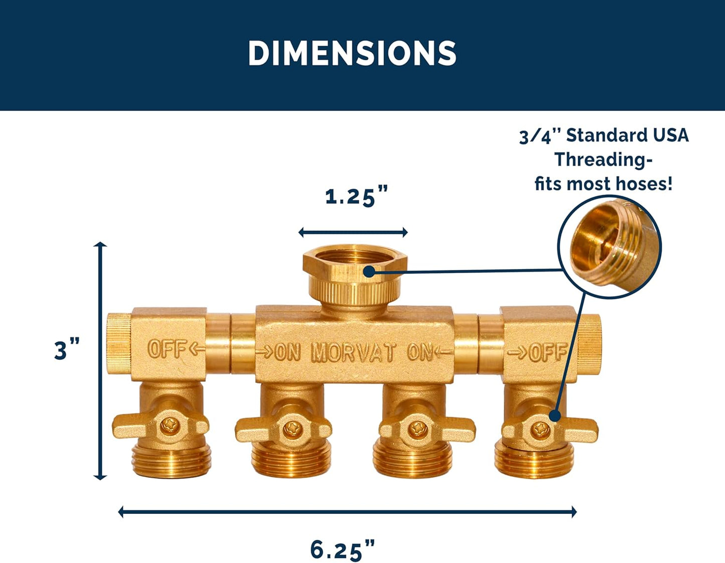 Morvat 4 Way Splitter with Rotating Arms, Heavy Duty Brass Garden Hose Manifold Connector with Comfort Rubber Grip ON/OFF, Adapter for Water Faucet Tap & Spigot, 8 Extra Washers & Teflon Tape