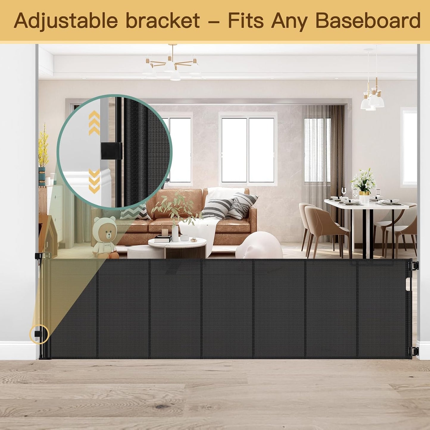 Reinforced 55" Wide Retractable Baby Gates with Reinforced Strips, Indoor/Outdoor Retractable Dog Gate for Doorway Prevent Bottom Drilling Through, No Bottom Bar Safety Mesh Baby Gate for Stair, Black