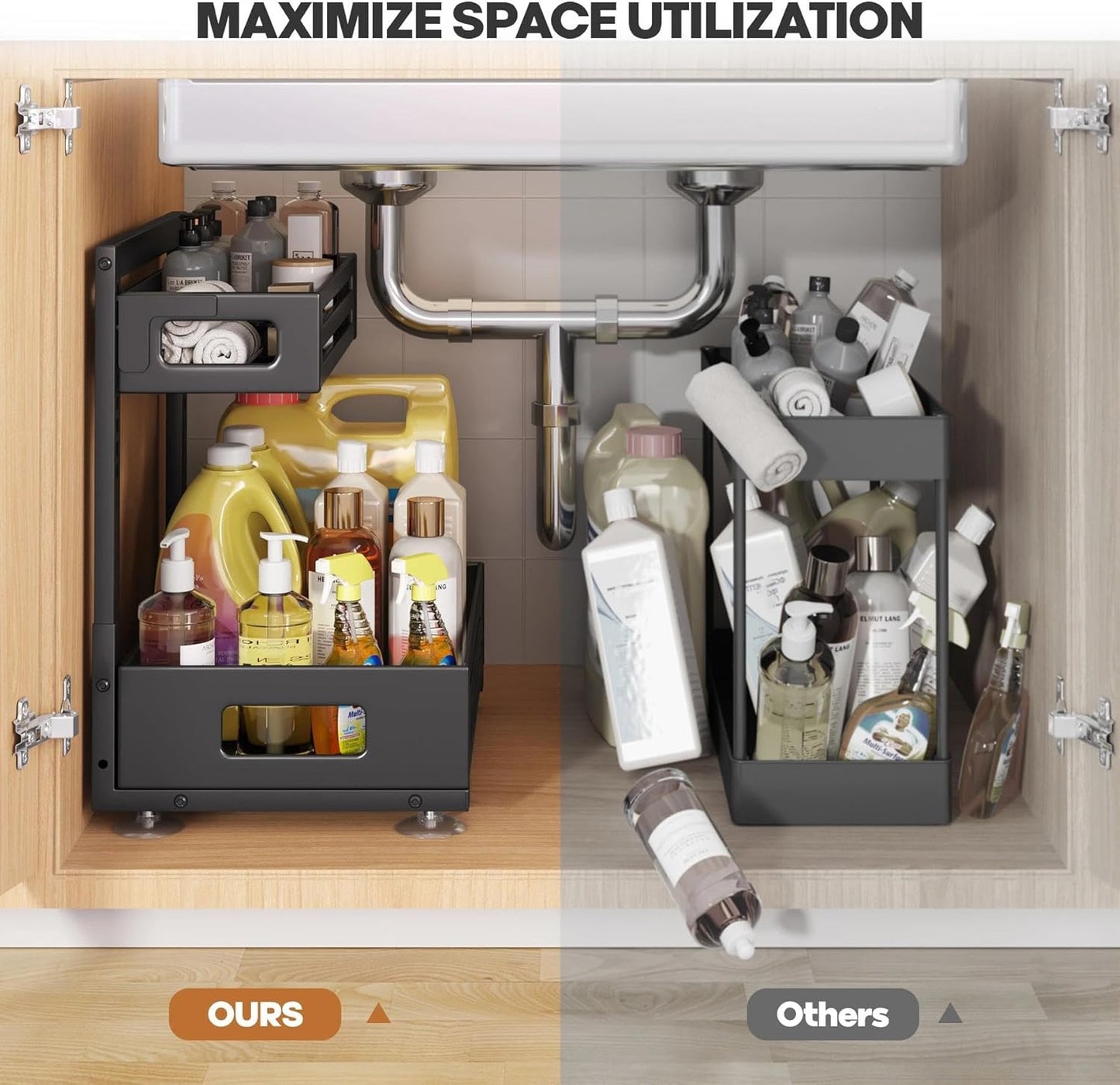2 Pack Under Sink Organizer,Pull Out Cabinet Organizer with Smooth Cylindrical Rail,Metal Slide Out Drawer for Kitchen Bathroom Laundry Cabinet,8-Level Tool Free Height Adjustable-Black