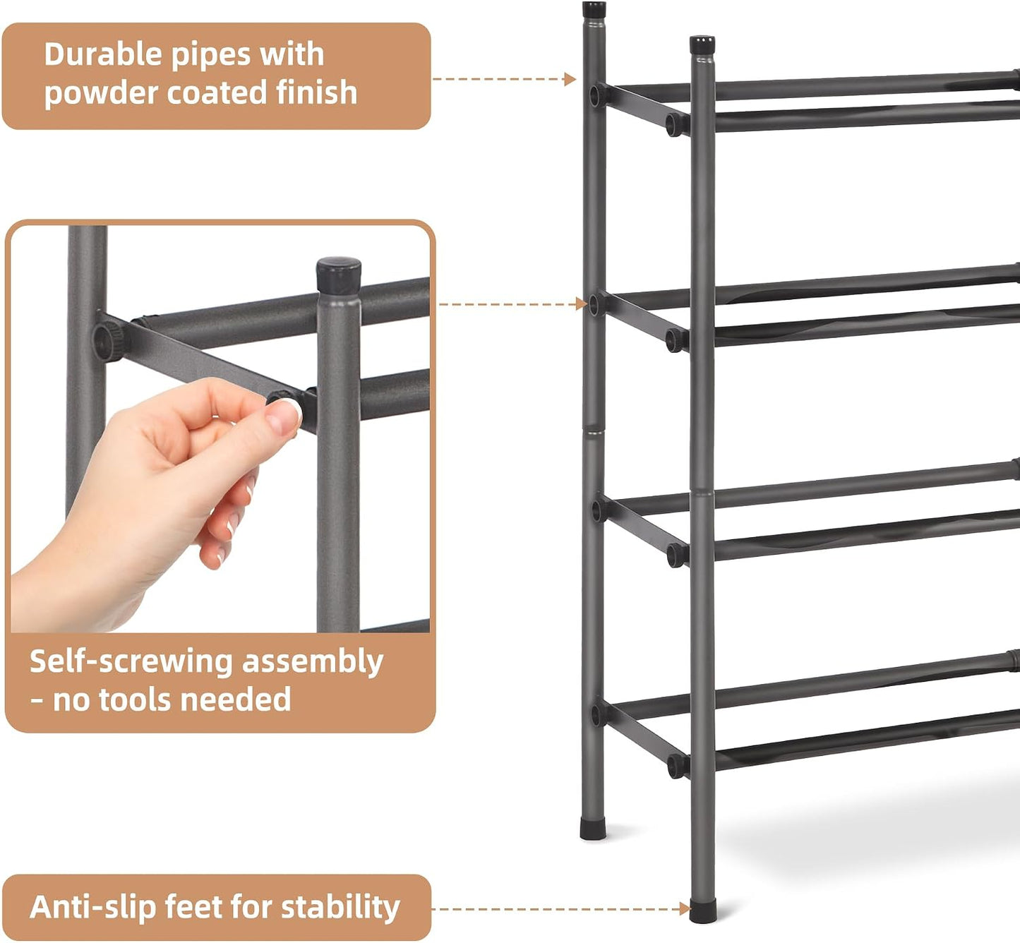 STORAGE MANIAC Expandable Shoe Rack for Closet, 8 Pairs Stackable Small Shoe Rack, Metal Adjustable Shoes Organizer for Entryway, Hallway, Garage, Front Door, Shoes Shelves, Black 2 Tier