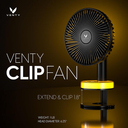 VENTY Portable Clip Fan - Rechargeable 10-Hour Battery Portable Fan - 360° Rotation & 90° Tilt - Stroller, Desk or Bedside - Aromatherapy & LED Light - USB-C cable & Carrying Pouch