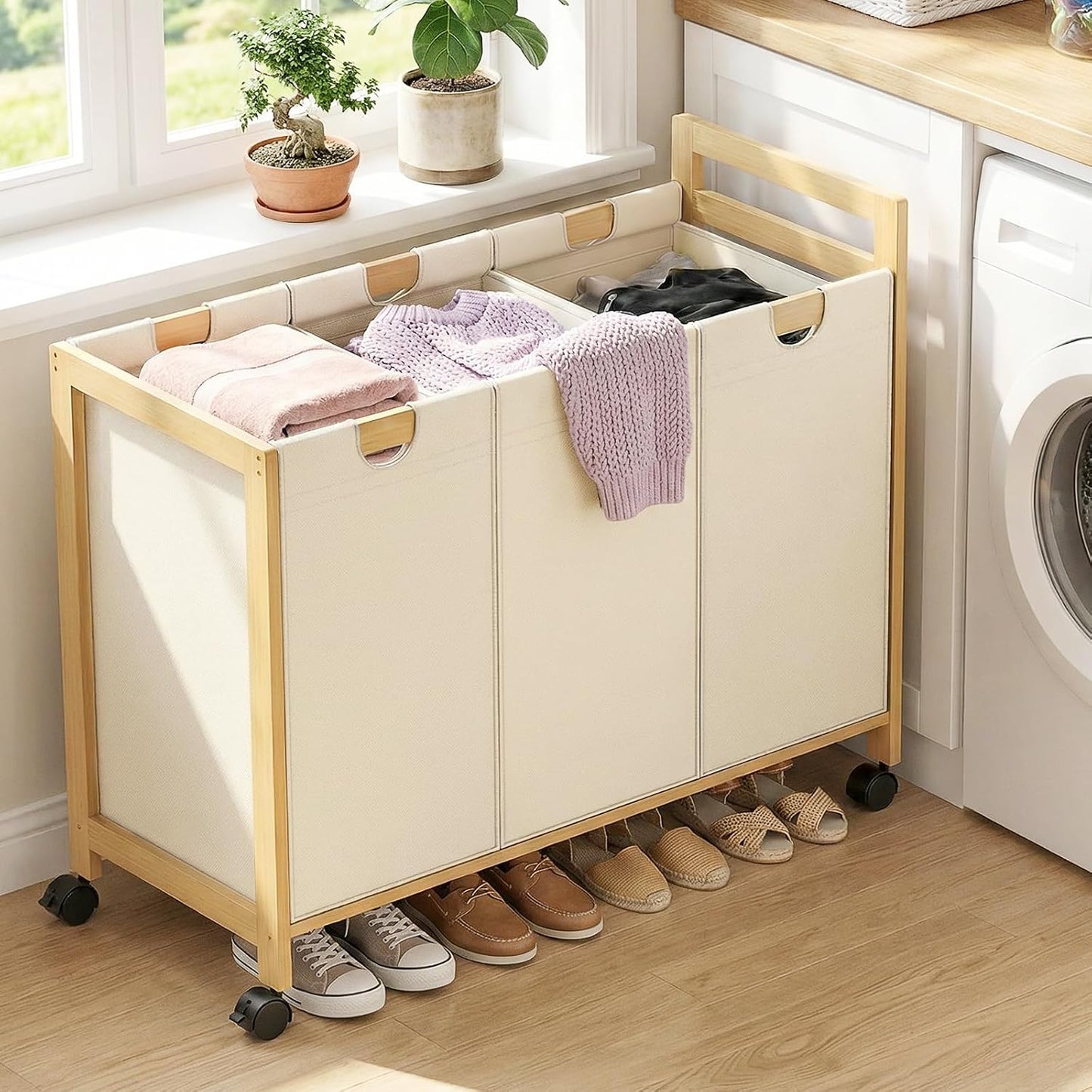 Homykic 250L Laundry Sorter Cart with Wheels, 3-Section Rolling Laundry Basket with Removable Bags, 66 Gal Large Laundry Hamper Organizer, Heavy Duty Bamboo Frame, Water-Resistant, Black