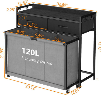 STIKELY Laundry Hamper Laundry Basket with 3 Section Pull-Out Rolling Bags, Laundry Sorter for Organization and Storage with 2 Pull-Out Drawers for Laundry Room, Bathroom, Bedroom Use (Rustic Brown)