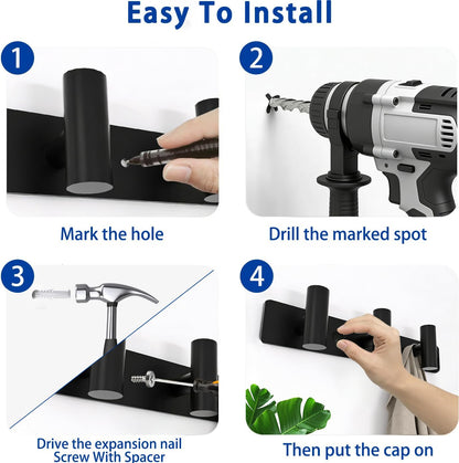 Matte Black Coat Rack Wall Mount - 6 Hooks, Heavy Duty Stainless Steel Wall Hooks for Towels, Coats, Robes, Bags, Hats, Keys, Wall Coat Hanger for Bathroom, Entryway, Kitchen, Hotel, Bedroom, Office