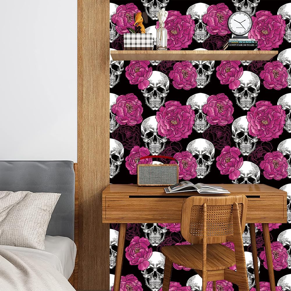Floral Peel & Stick Wallpaper - Boho Removable Wallpaper for Bedroom & Bathroom - Black/Sand/Oliva - Easy Peel Off - Vintage - Renter Friendly - 118.1" X 17.7"