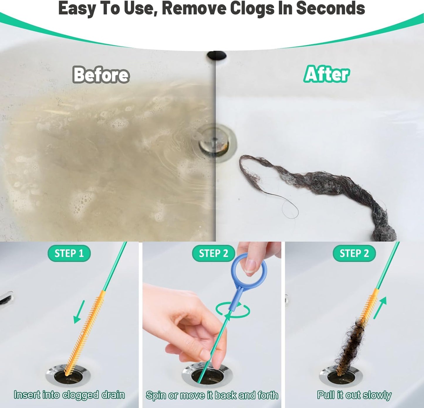 Reusable Drain Snake Hair Drain Clog Remover 30 Inch, 2026 Upgraded Sink Snake Drain Hair Removal Tool, Anti-Break Metal Shower Snake Drain Cleaner to Unclog Bathroom Sink, Tub, Shower Pipe(5 Pack)