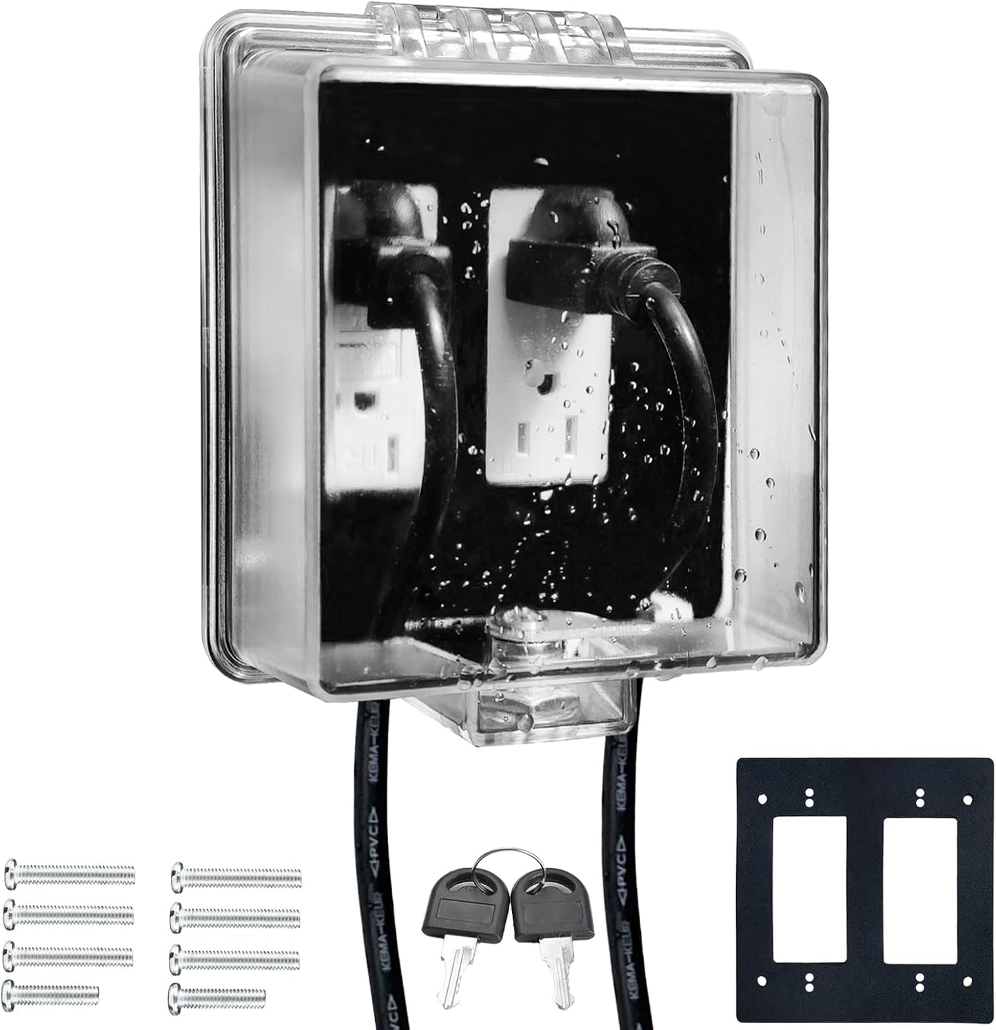 2-Gang Universal Weatherproof Electrical Outlet Cover with Lock,Baby Proof Outlet Lock Box,Fits Most 2.6 "H x 2.56 "W or Smaller Plugs,Clear Outlet Waterproof Cover Box for Outdoor In-Use