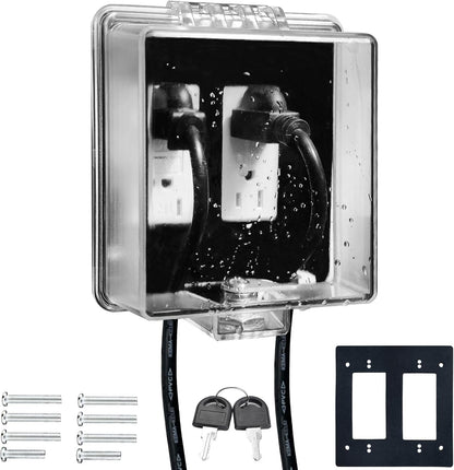 2-Gang Universal Weatherproof Electrical Outlet Cover with Lock,Baby Proof Outlet Lock Box,Fits Most 2.6 "H x 2.56 "W or Smaller Plugs,Clear Outlet Waterproof Cover Box for Outdoor In-Use