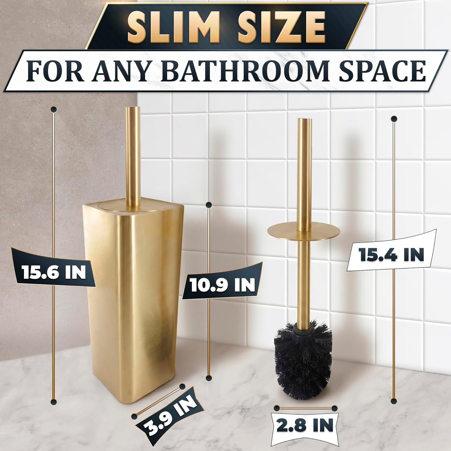 Black Toilet Brush and Holder Set - Slim Matte Design that Fits Anywhere - Stainless Steel Toilet Bowl Brush and Holder with 2 Rounded Corners, Replaceable Head, Removable Inner Bowl & Splash Guard