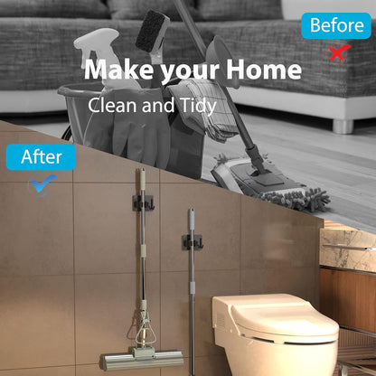 homeasy Mop Broom Holder No Drill, Mop Broom Organizer Wall Mounted Heavy Duty with Hooks Hanger, Self Adhesive Stainless Steel 4Pcs for Bathroom, Kitchen, Office (Silver)