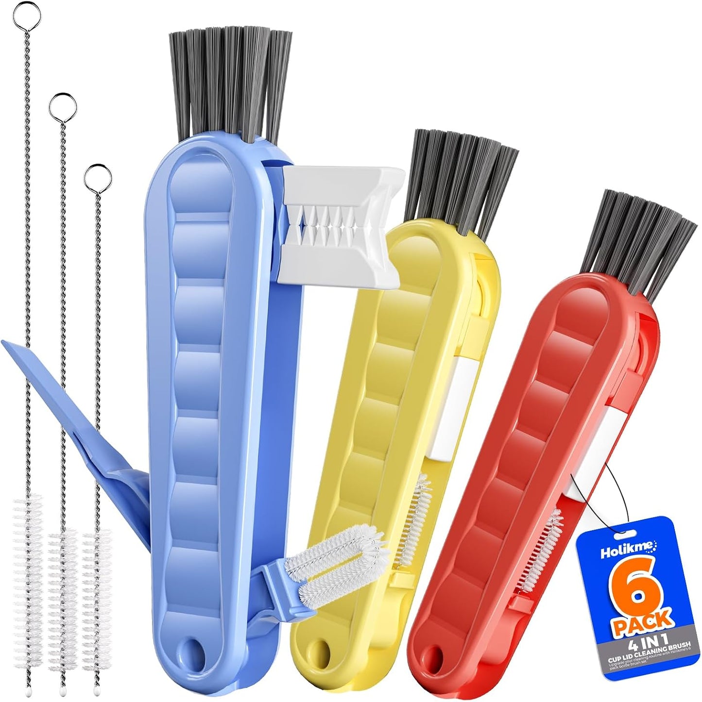 6 Pack Holikme 4 in 1 Cup Lid Cleaning Brush Set with 3 Straws, Multifunctional Bottle Brush, Silicone Cup Lid Gap Cleaner, Bristle Crevice Cleaning Brush, Flat End Brushes, Navy & Black & Olive