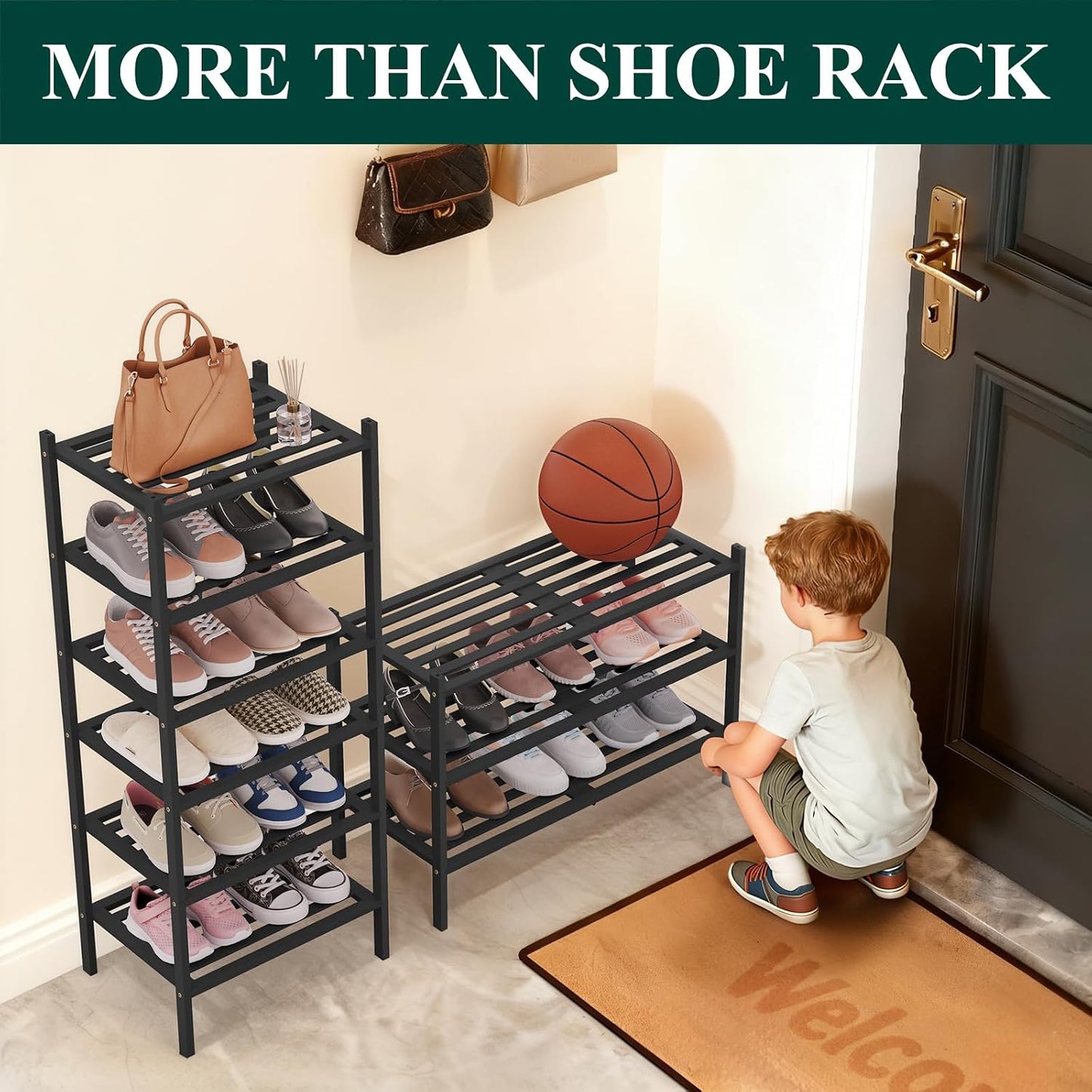 Smiry Bamboo Shoe Rack, 3 Tier Free Standing Wooden Shoe Organizer, Stackable Wood Shoe Storage Shelf for Closet, Entryway, 5 Horizontal Slats, 26.8"x11"x18.3", Natural