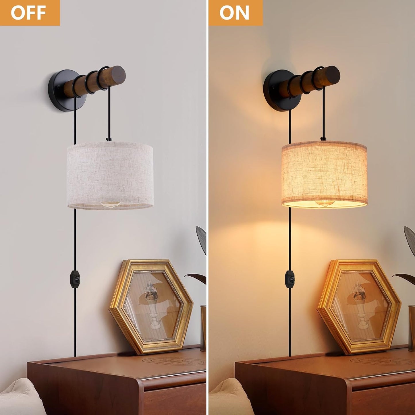 XSDeTu Rechargeable Battery Operated Wall Sconces Set of 2, Modern Battery Powered Wall Light with Wooden Arm & Remote Control, Adjustable 3 Colors Dimmable Wall Lamps for Bedroom, Living Room