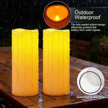 Amagic 3 Pack 4"x 6"8" 10" Outdoor Plastic Electric flameless Candles with Remote Control and Timer, Battery Operated Flickering LED Pillar Fake Candle for Home, Wedding Decor, Ivory