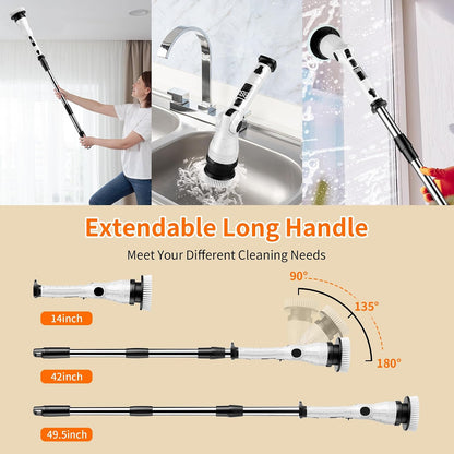 Electric Spin Scrubber with 8 Replaceable Brush Heads 6 Adjustable Angle Waterproof LED Display Cordless Cleaning Brush Supplies Bathroom Cleaner Set Long Handle Power Scrubber for Shower Floor Tub