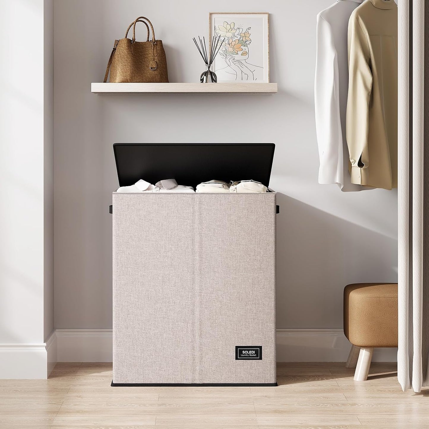 SOLEDI Luxury Double Laundry Hamper with Lid and Removable Bags, 38.3 Gal Large Laundry Bin, Laundry Basket 2 Sections, Collapsible Clothes Hamper for Bedroom, Laundry Room, Bathroom, Off-white