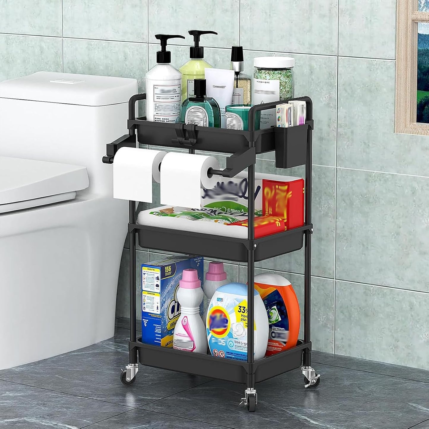 SPACEKEEPER Rolling Storage Cart, 4-Tier Bathroom Organizer Utility Cart Laundry Room Organization Mobile Shelving Unit with Towel Rack, Lockable Wheel, Hooks & Cup for Kitchen Bedroom Office, White