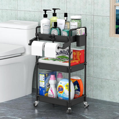 SPACEKEEPER Rolling Storage Cart, 4-Tier Bathroom Organizer Utility Cart Laundry Room Organization Mobile Shelving Unit with Towel Rack, Lockable Wheel, Hooks & Cup for Kitchen Bedroom Office, White