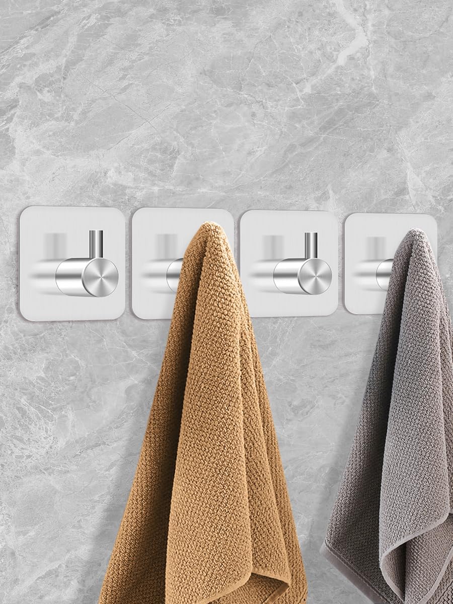 4 Pcs Stainless Steel Adhesive Hooks, Heavy Duty Waterproof in Shower Hook for Hanging Loofah, Towels, Clothes, Robes for Bathroom Removable Adhesive Wall Door Hangers, Black