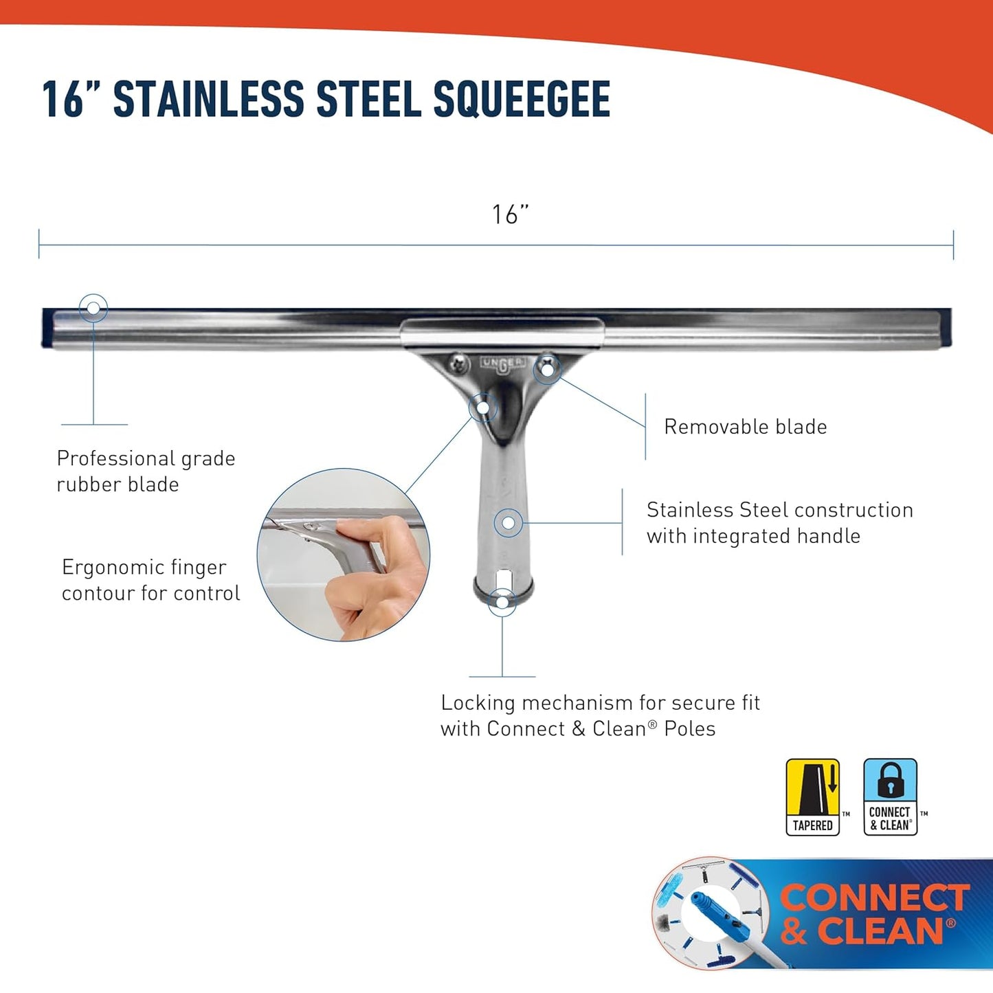 Unger Professional Stainless Steel Heavy-Duty Squeegee, 12", Silver