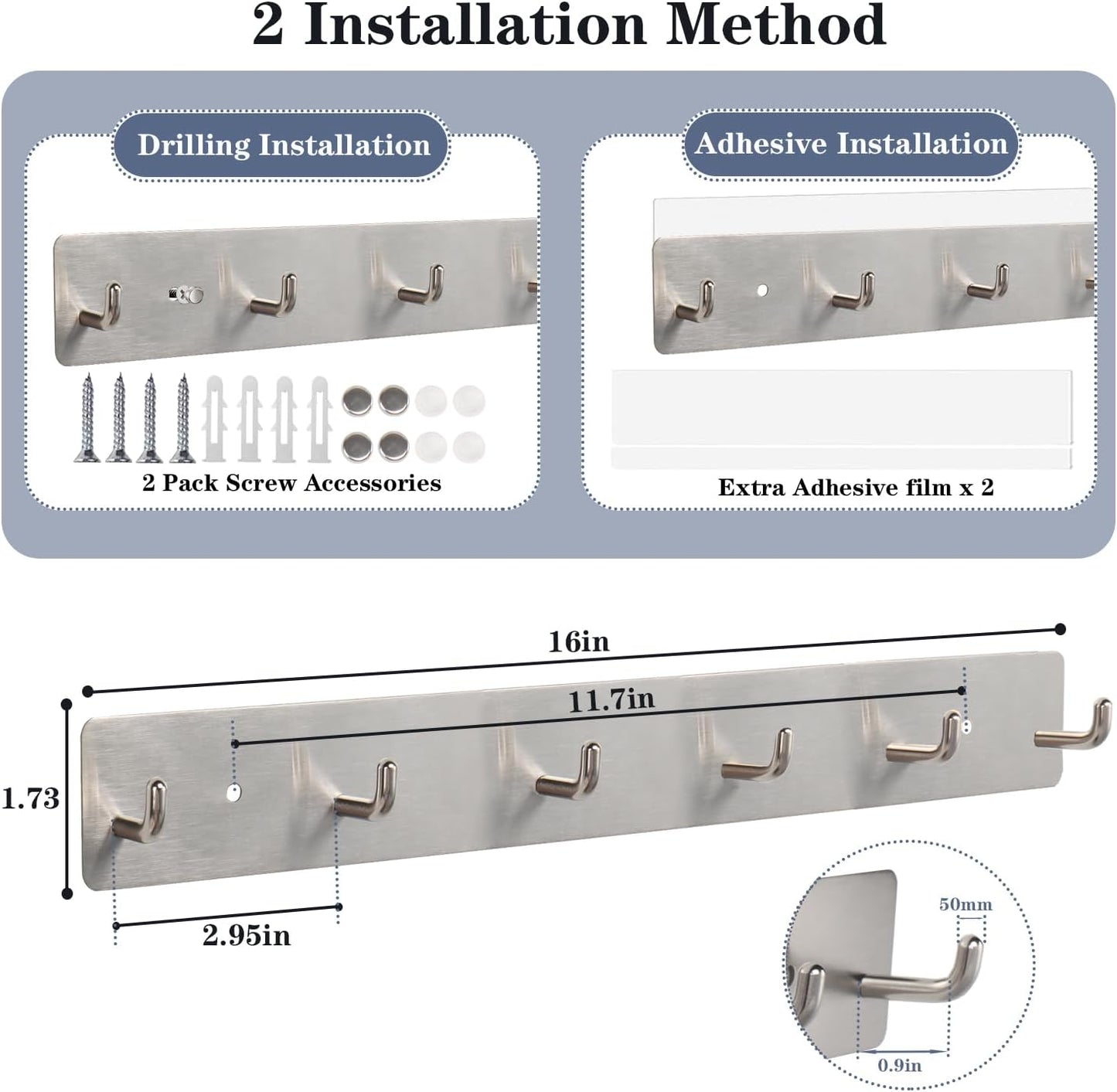 Coat Rack Wall Mounted, Heavy Duty Wall Hooks for Hanging Keys Purse Towel Coat, Premium Stainless Steel Entry Coat Hooks Rack, Large Adhesive Key Holder Towel Racks for Bathroom RV (Black)