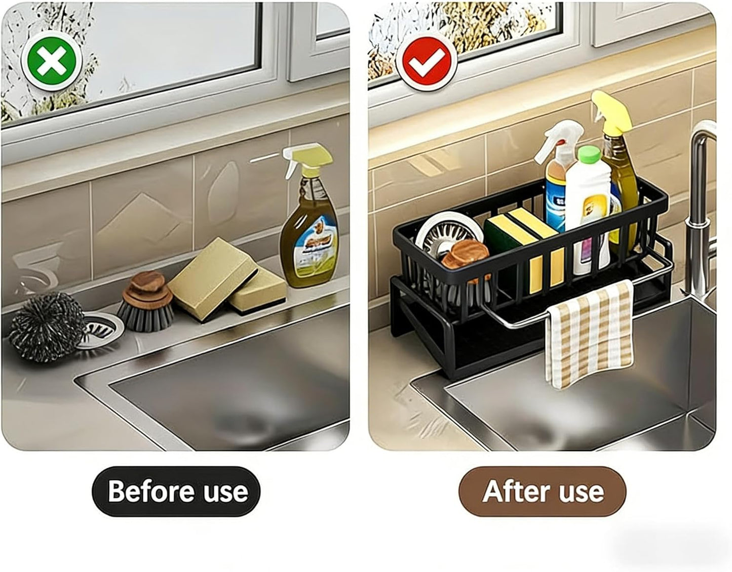 Stainless Steel Sink Caddy – Sponge Holder with Self-Drain Tray, Suction Cups & Adhesive Hook, 3-in-1 Kitchen Organizer for Sponge, Brush, Scrubber,Black