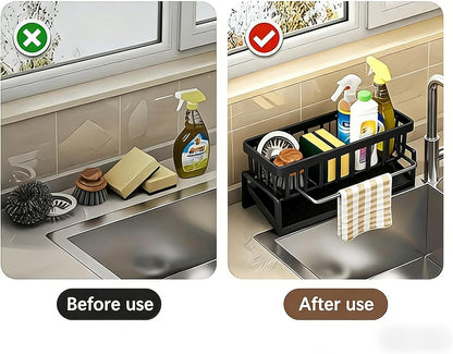 Stainless Steel Sink Caddy – Sponge Holder with Self-Drain Tray, Suction Cups & Adhesive Hook, 3-in-1 Kitchen Organizer for Sponge, Brush, Scrubber,Black