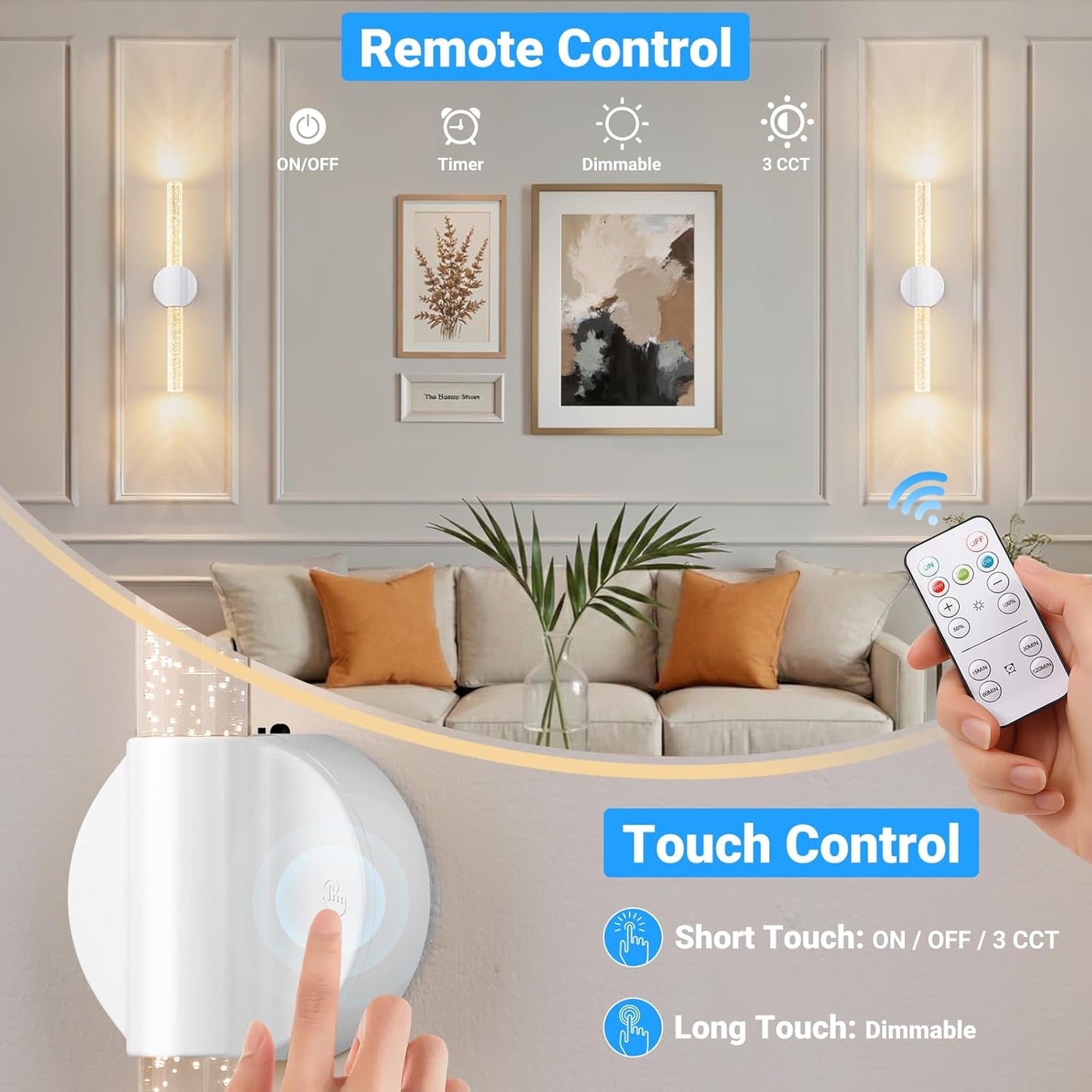 Peel and Stick on Gold Battery Operated Wall Sconces Set of 2, Rechargeable Magnetic Linear Wall Lights for Bedroom, Wireless Sconces with Remote&Touch Control, 3CCT&Dimmable Wall Lamp for Living Room