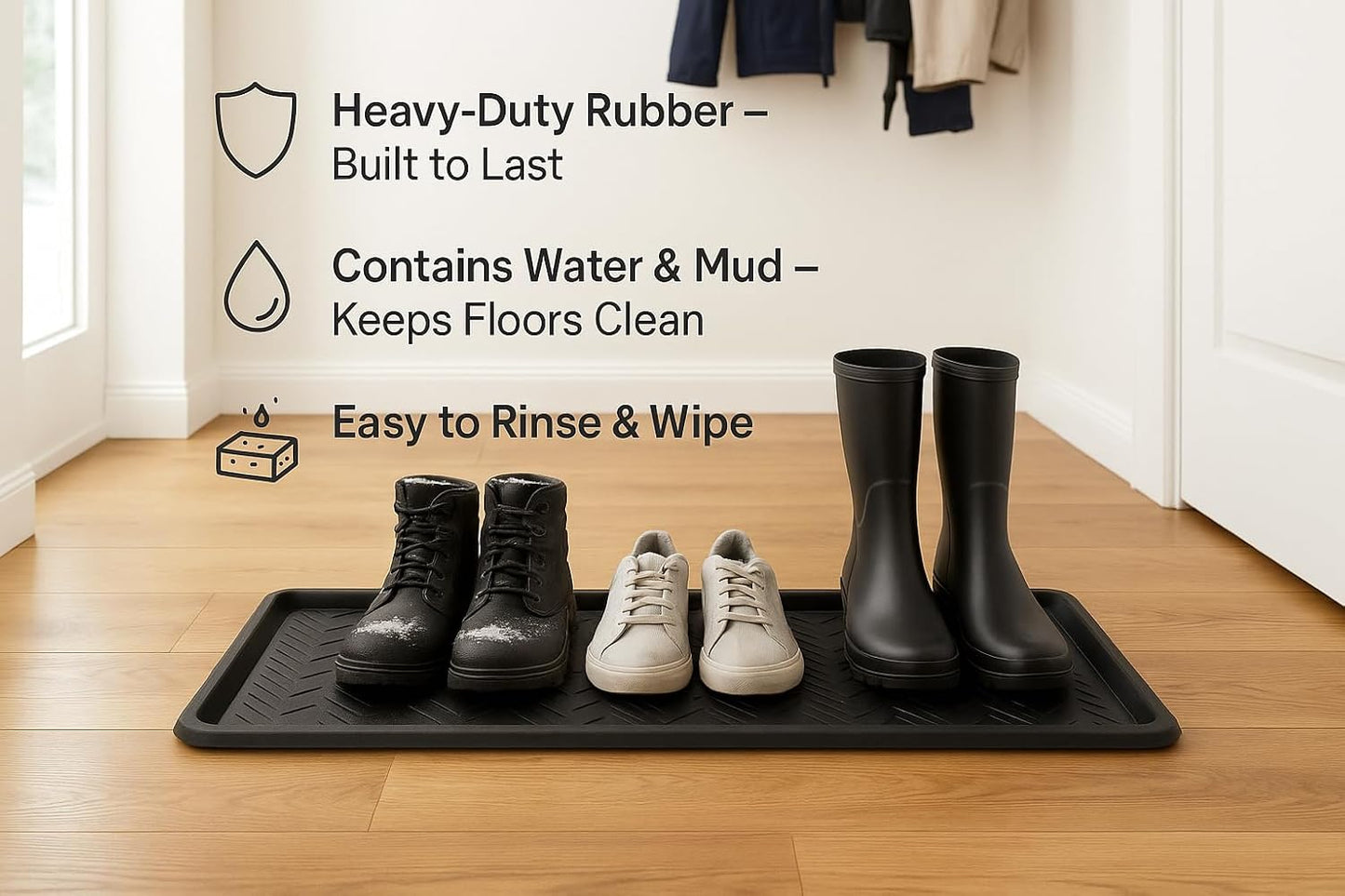 Rubber Boot Tray Scraper Mat – 13/16″ Thick, 32″ × 16″ Heavy-Duty Floor Protection Mat for Shoes, Indoor Outdoor Use