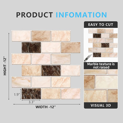 URCOLOR 10-Sheet Subway Tile Peel and Stick Backsplash for Kitchen,12"x12" Self Adhesive Wall Tiles Sticker on Back Splashes for Bathroom Gray Marble Design