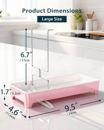 Minimalist Sink Caddy, Rustproof Sponge Holder for Kitchen Sink with 304 Stainless-Steel Brush Holder, Countertop Rack Organizer with Raised Ridges & Silicone Drain Tube (Black, Large)