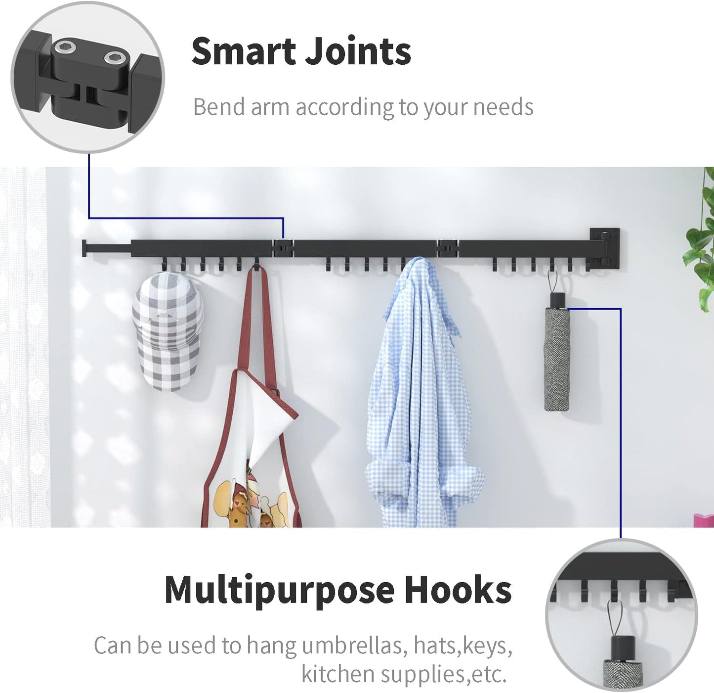 BESTHLS Wall Mounted Portable Clothes Drying Rack with Space Saver Clothes Hangers Design Universal for Balcony Mudroom Bedroom Kitchen Foldable Laundry Rack (2-Pole Black)