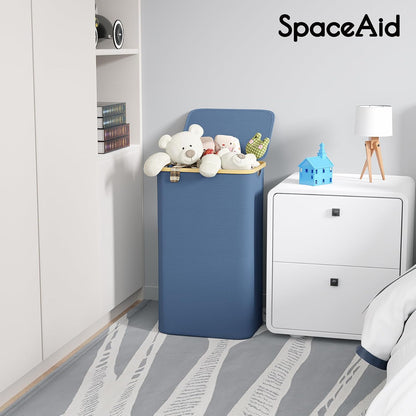 SpaceAid Double Laundry Hamper 2 Section with Lid and Removable Laundry Bags, 160L Clothes Basket with Bamboo Handles, Large Collapsible Hamper for Bedroom, Bathroom, Dorm, Laundry Room - White