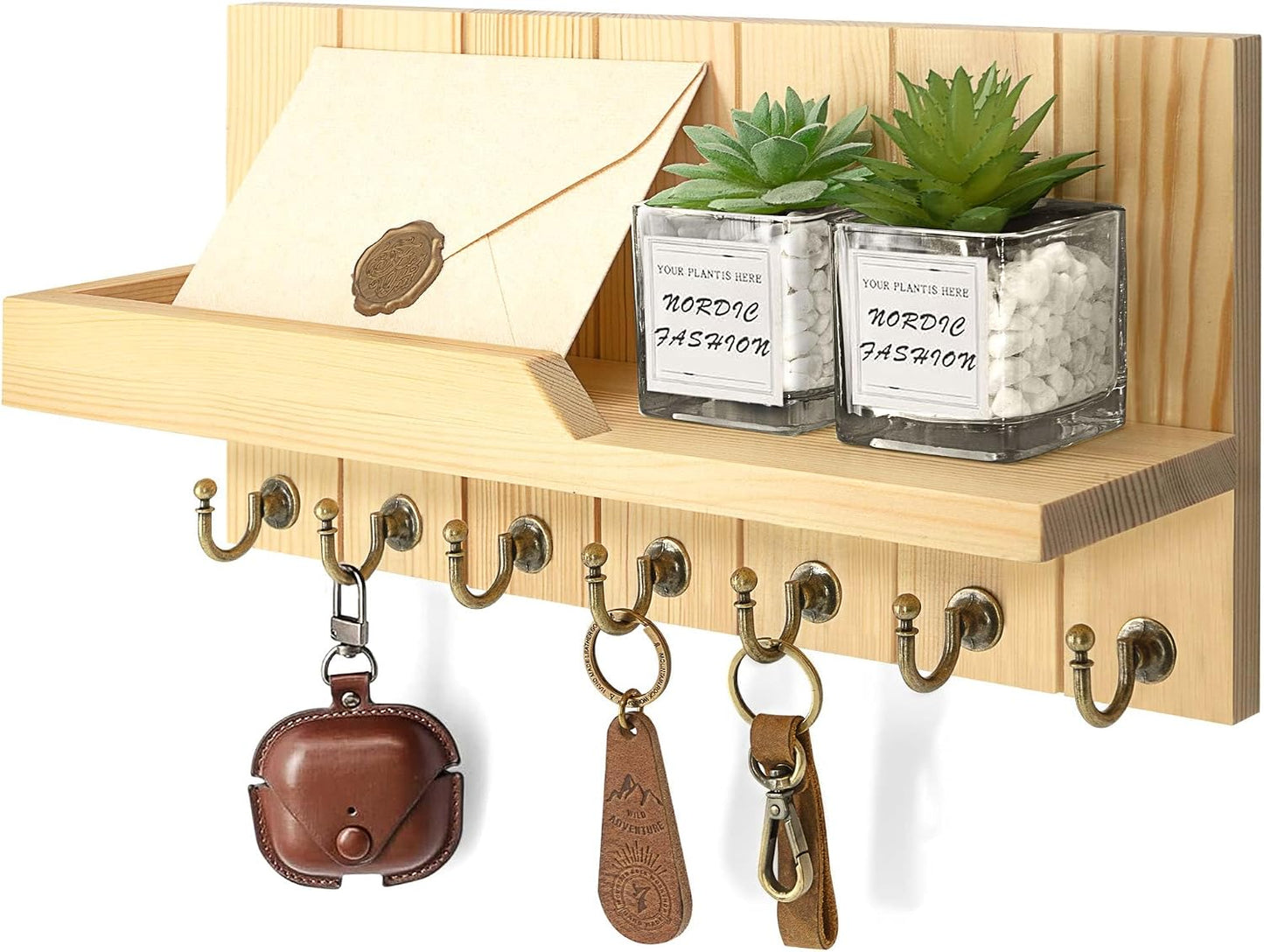 Rebee Vision Decorative Key Holder Wall Mount - Rustic Key Holder for Wall with Shelf and Mail Organizer for Living Room Decor - Home Essentials for Home Improvement (Brown, 3.54" x 10" x 7.28")
