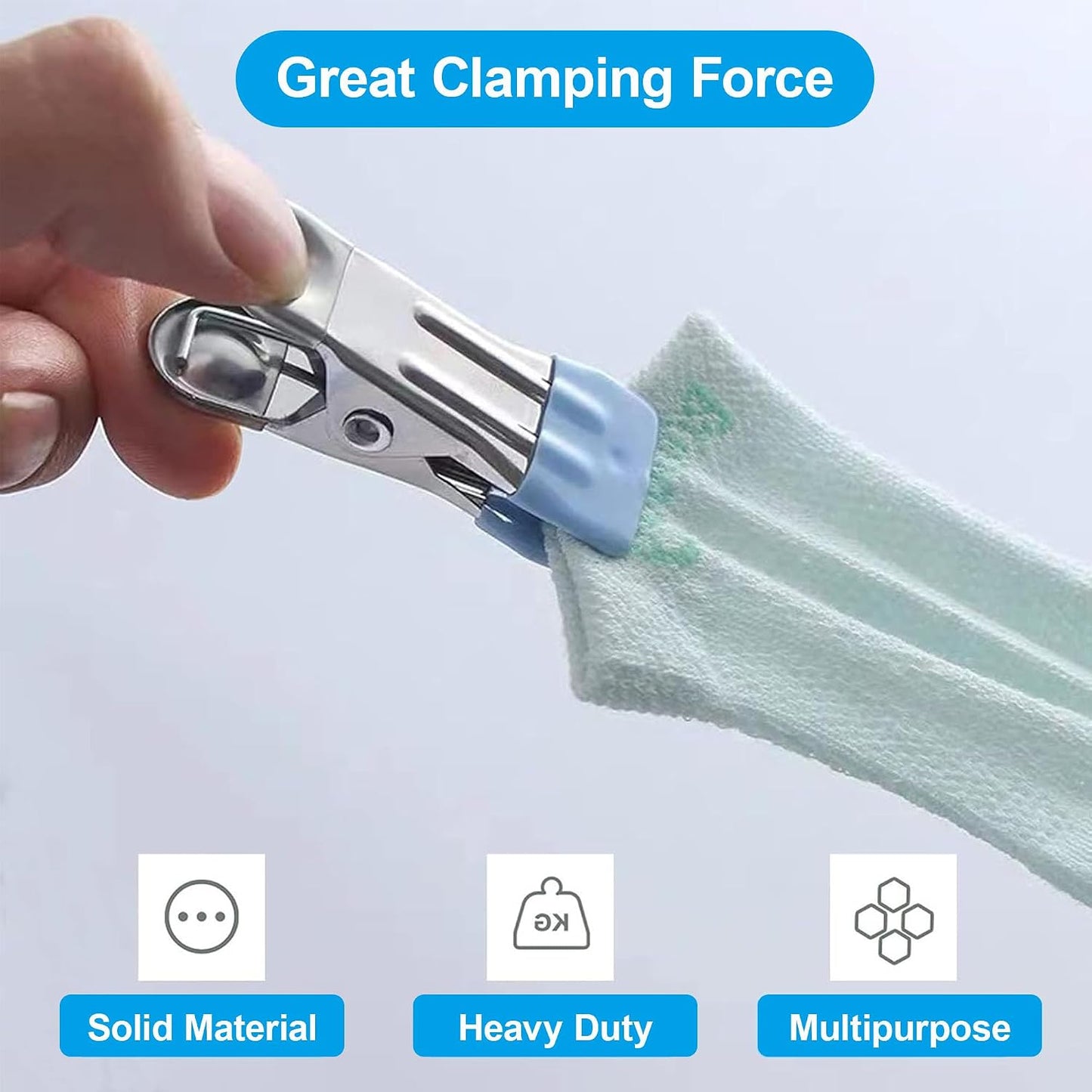 Clothes Hangers Heavy Duty 15Pack, 2.17 Inch Metal Clips, Clothespins for Photo Drying Clothesline Laundry Sock, Bag Clips for Food Kitchen Stainless Steel with Rubber, Blue