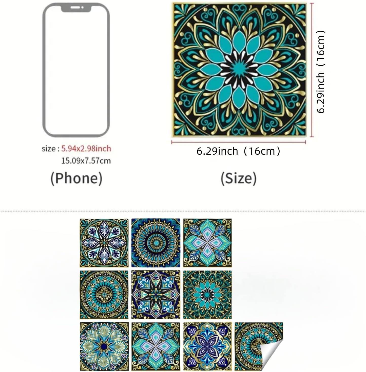 10PCS Peel and Stick Tile Backsplash Stickers, 4"x4" DIY Backsplash Mandala Style Stickers for Kitchen & Bathroom, Self-Adhesive Removable Waterproof Tile Decals for Home Decor