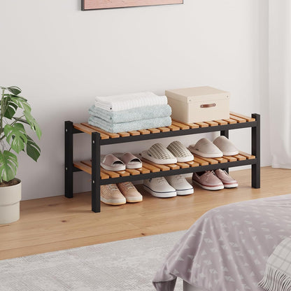 Bamboo Shoe Rack Organizer for Closet and Entryway - Space-Saving Narrow Shoe Stand - Versatile Shoe Holder for Door or Closet Shelf, Garage Bedroom can Freely Stack DIY Small Shoe Racks 3 Tier
