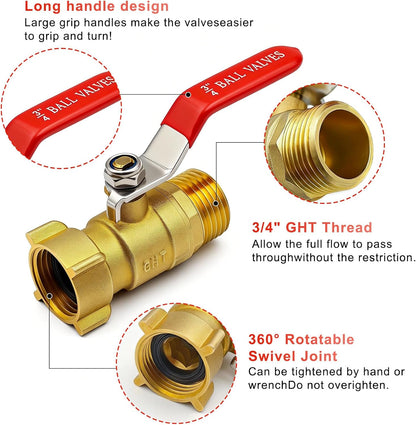 Hose Splitter 2 Way Heavy Duty, 3/4 Inch GHT Thread Y Valve Connector with Stainless Steel Long Handle, Full Flow Garden Brass Hose Splitter for Outdoor Watering, Irrigation, Washing
