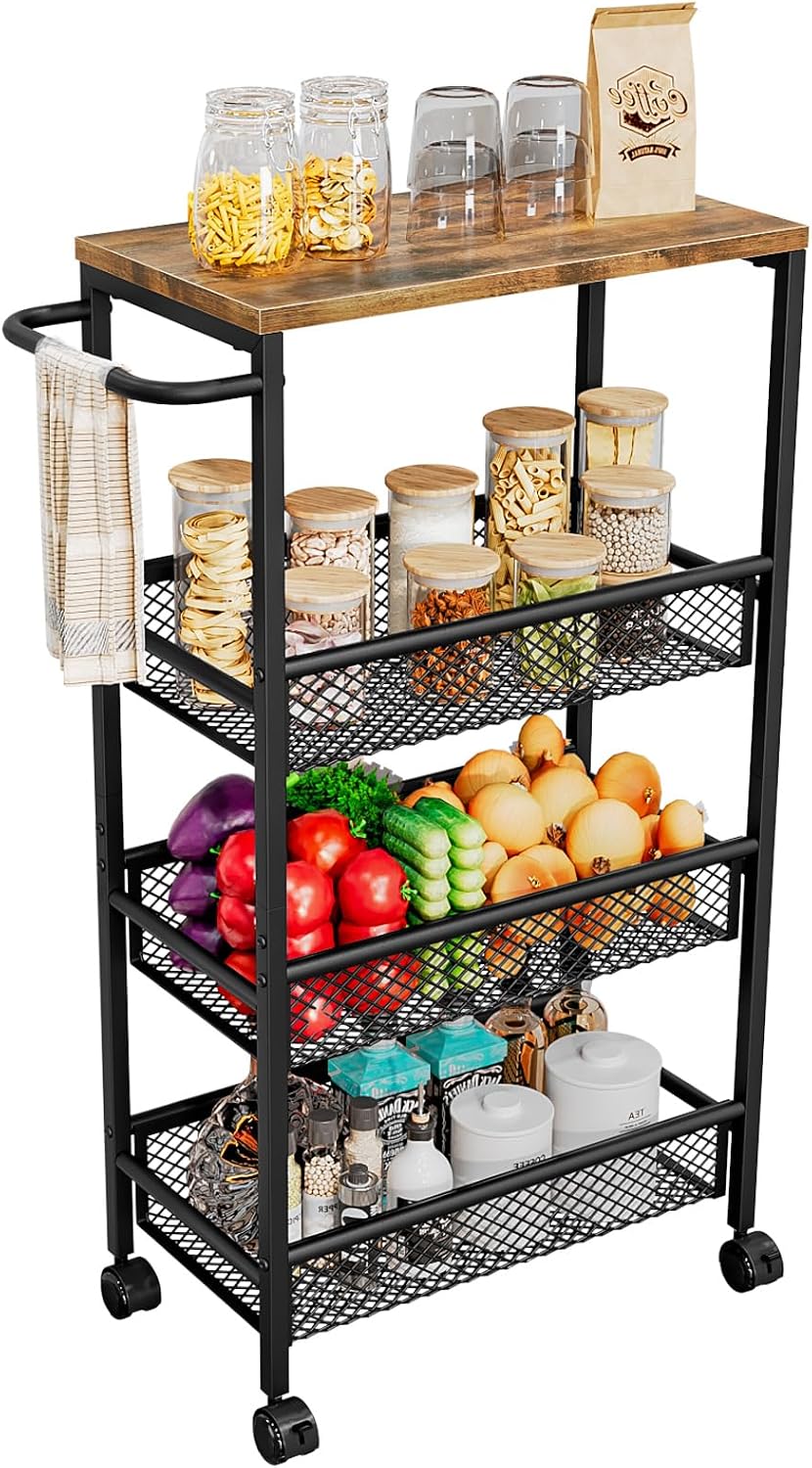 AZERPIAN Slim Rolling Cart 4 Tier Narrow Storage Cart on Wheels with MDF Board Top and Metal Handle for Small Space Kitchen Living Room Home Office Pantry Bathroom Laundry Room(16.54×5.12×30.31 inch)