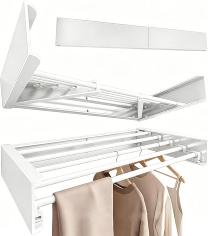 Wall Mounted Clothes Drying Rack 31.5" Wide，Foldable Wall Mount Laundry Rack with 5 Aluminum Rods,Retractable and Foldable Space-Saving Wall Mounted Clothes Drying Rack White