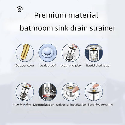 2 PCS 3-in-1 Bathroom Sink Drain Strainer Stopper，Stainless Steel Pop-up Strainer Basket Hair Catcher with Removable Basket, Brass Bullet Core, Universal Fit for Bathtubs, Showers & Floor Drains