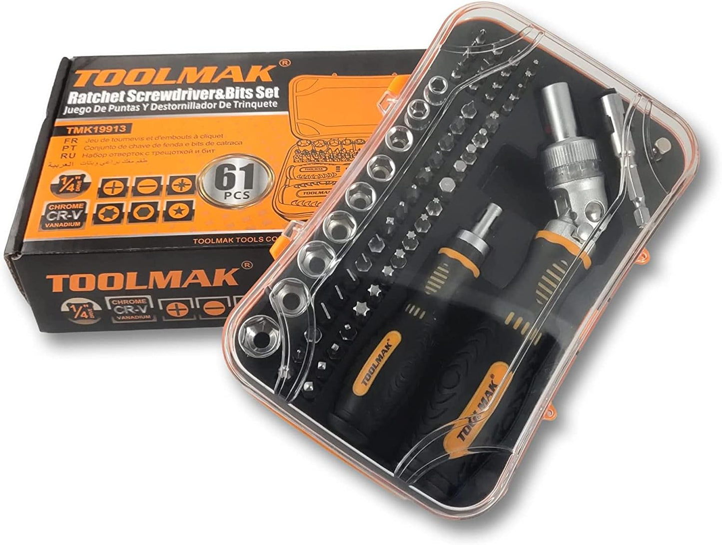 TOOLMAK 61pcs Ratcheting Screwdriver, Socket & Precision Bit Set | Cr-V Steel, Rotatable Handle, Storage Case Included, Ideal for Bike, Watch & Glasses Repair