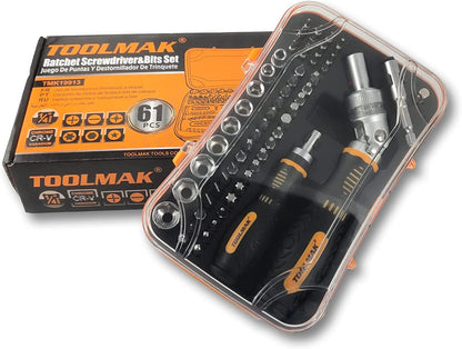 TOOLMAK 61pcs Ratcheting Screwdriver, Socket & Precision Bit Set | Cr-V Steel, Rotatable Handle, Storage Case Included, Ideal for Bike, Watch & Glasses Repair