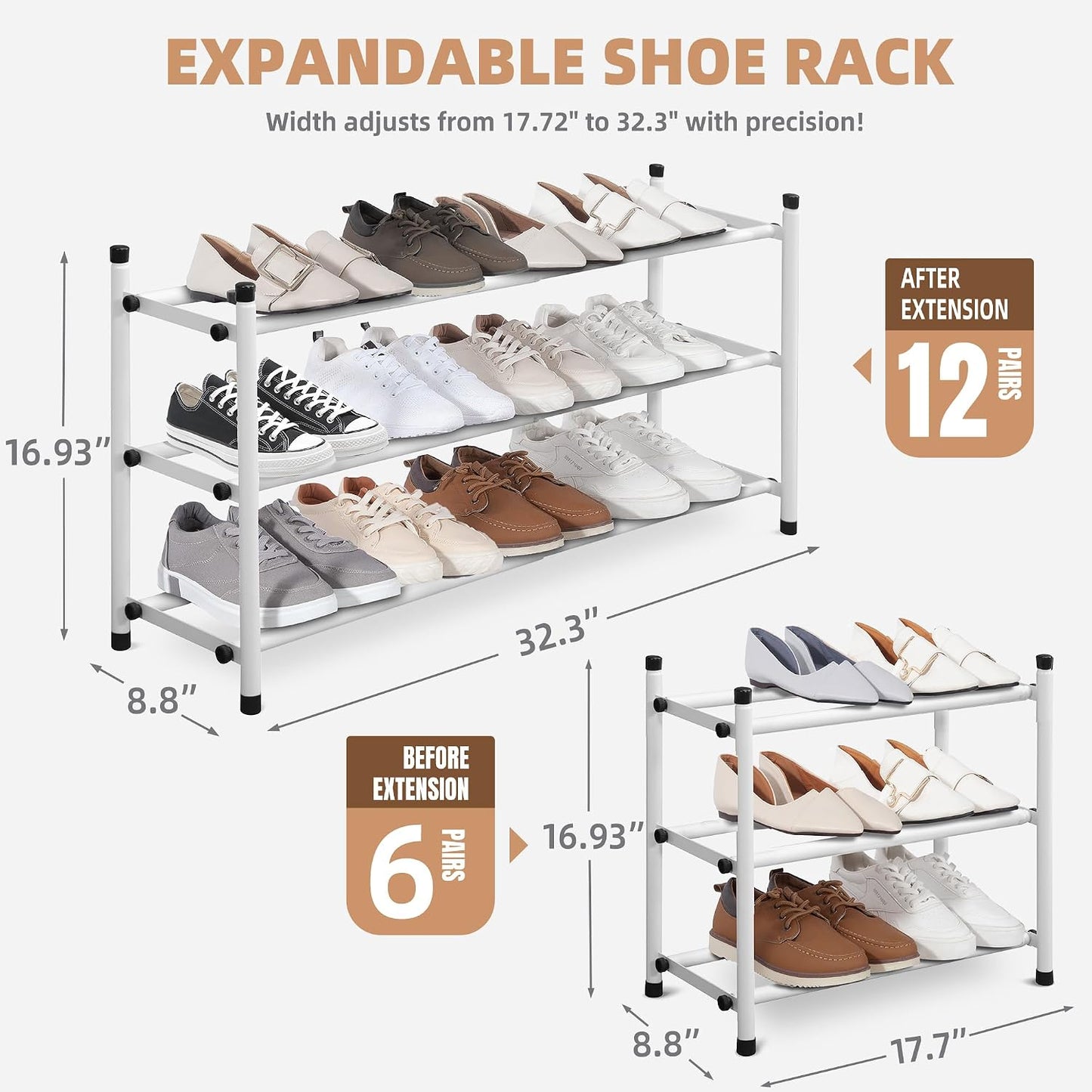 STORAGE MANIAC Expandable Shoe Rack for Closet, 8 Pairs Stackable Small Shoe Rack, Metal Adjustable Shoes Organizer for Entryway, Hallway, Garage, Front Door, Shoes Shelves, Black 2 Tier
