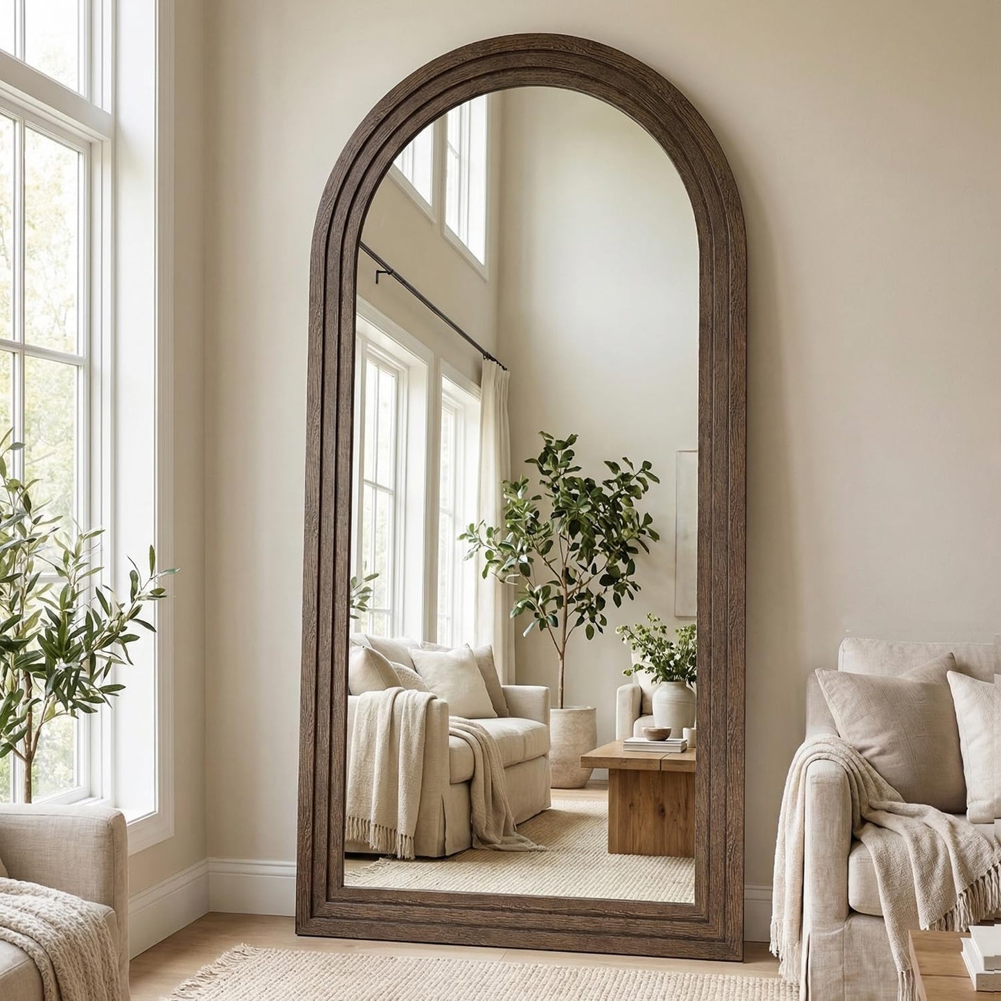 71x32 Inch Arched Full Length Mirror with Solid Wood Frame Wall Mounted Floor Mirror, Vertical Hanging Leaning Standing Mirror for Living Room, Bedroom, Entryway, Brown