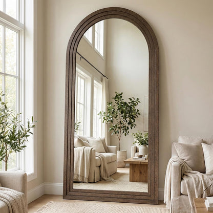 71x32 Inch Arched Full Length Mirror with Solid Wood Frame Wall Mounted Floor Mirror, Vertical Hanging Leaning Standing Mirror for Living Room, Bedroom, Entryway, Brown