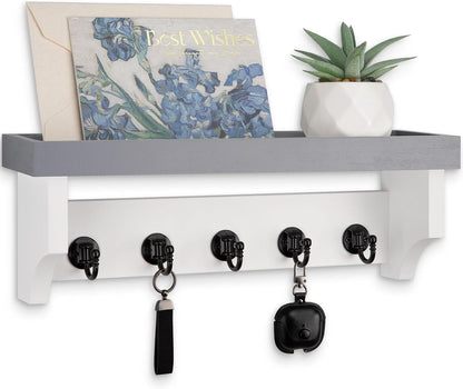 Key and Mail Holder Wall Mount, Key Holder with Shelf and Mail Organizer Wall Mount. Mail Holder with 5 Hooks for Coat, Dog Leash, Home Decor Rack, Entry Way Organizer (White)