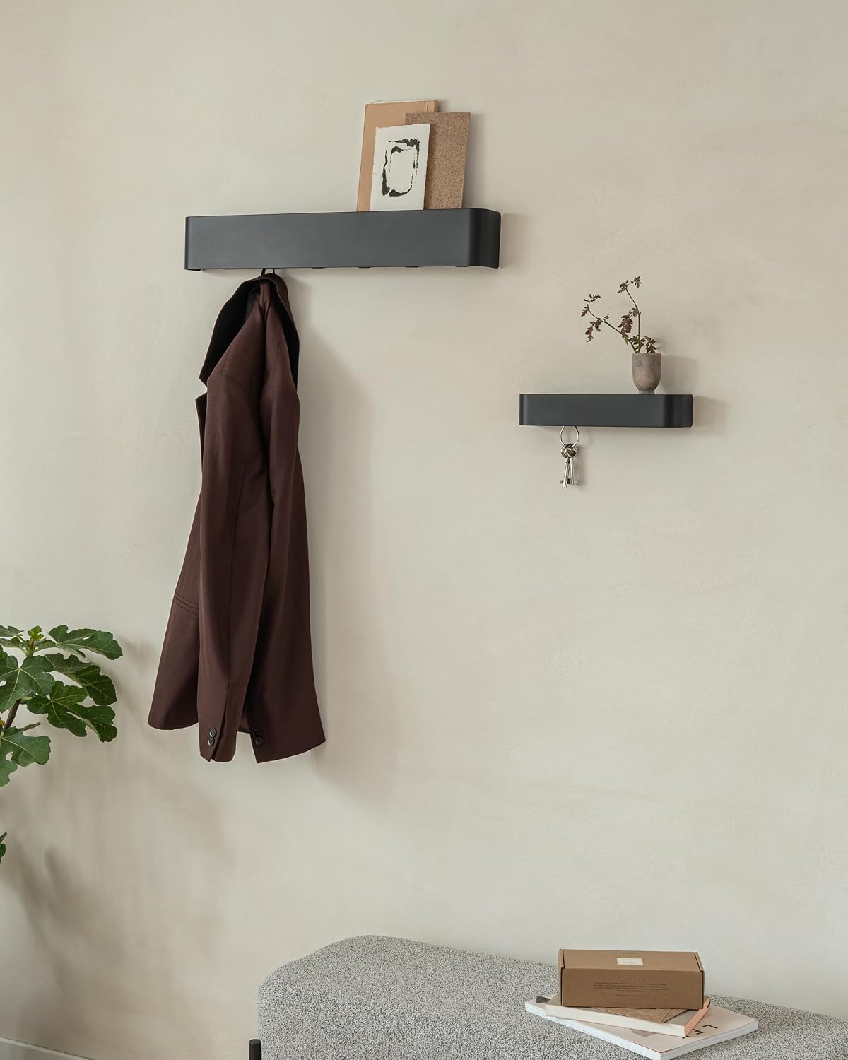 Kazai. Key Holder for Wall 'Tone' | Minimalist Key Hooks Design from Berlin | Modern Key Hanger with Metal Shelf | Key Hook Wall Mounted as Hallway Furniture | Sand Taupe