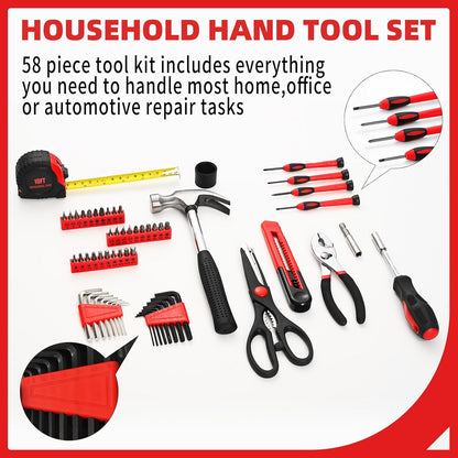 144-Piece General Household Hand Tool Kit with Plastic Toolbox Pink | Basic General Hand Tool Kit, Household Tool Set, for Home Repair, Office & College Dormitory Use, Daily Use for Women